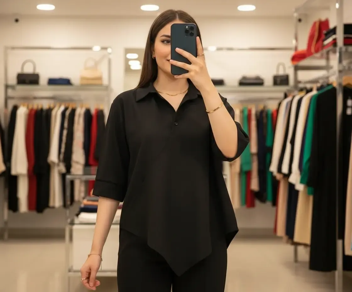 بلوزة كتان إسباني حريمي باللون الأسود خامة خفيفة ومريحة مناسبة للصيف